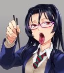  1girl black_hair chopsticks dokiyuri glasses highres long_hair looking_at_viewer necktie original red_eyes school_uniform simple_background sweater_vest tongue tongue_out 