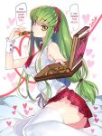  1girl ass blush c.c. code_geass creayus dated eating female food green_hair hard_translated heart long_hair looking_at_viewer necktie pizza shiny shiny_skin sitting skirt solo thigh-highs translated valentine yellow_eyes 