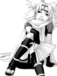  1girl fingerless_gloves gloves hoshino_lily looking_at_viewer monochrome naruto naruto_shippuuden quad_tails sitting smile solo temari 