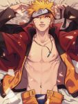  1boy blonde_hair boxers cape chest forehead_protector frog_eyes from_above hahihu1782 jacket jewelry looking_at_viewer lying male_focus naruto naruto_shippuuden navel necklace on_back open_clothes open_fly open_jacket open_shirt red_eyes shirt solo underwear unzipped uzumaki_naruto uzumaki_naruto_(sennin_mode) yellow_eyes 