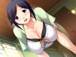 1girl all_fours blue_eyes blue_hair blush breasts cleavage from_below game_cg hanging_breasts hanitsuma,_hanitsuma_append_disc_&ldquo;cosplay_tengoku&rdquo; huge_breasts looking_at_viewer open_mouth shinonome_kazuhiko smile 