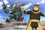  1boy black_eyes brown_hair clouds goggles gun holster jiron_amos mecha no_pupils platin_(alios) rocket_launcher sentou_mecha_xabungle sky walker_gallia weapon 