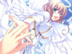  1girl angel angel_wings ayase_hazuki blonde_hair blush breasts clouds dress feathers game_cg grand_cru_bourgeois green_eyes halo happy large_breasts looking_back mitra_airun_sera nukidoki! open_mouth short_hair sky smile white_wings wings 