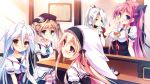  5girls blonde_hair blue_eyes blue_hair blush brown_hair carrot_lu_angora collarbone elbow_gloves eyepatch game_cg gloves grey_hair hair_between_eyes hair_ornament kanojo_ga_ore_ni_kureta_mono._ore_ga_kanojo_ni_ageru_mono. kojima_alice kojima_neneko long_hair multiple_girls nabekane_tsubasa onomatope open_mouth ornament pink_eyes ponytail red_eyes redhead shiratama short_hair striped striped_legwear taiga_(kanojo_ga_ore_ni_kureta_mono._ore_ga_kanojo_ni_ageru_mono.) thigh-highs twintails 