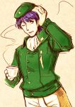  1boy ascot beret blue_hair cup ginga_eiyuu_densetsu hand_on_own_head hat holding looking_away male_focus military military_uniform one_eye_closed open_mouth solo takuji_(dekosenn) tea uniform wink yang_wen-li 