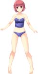 1girl anata_no_koto_wo_suki_to_iwasete barefoot breasts cygnus_(artist) feet game_cg happy legs looking_at_viewer navel red_eyes redhead satofuji_masato short_hair simple_background small_breasts smile solo standing swimsuit thighs toes white_background 