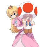  1boy 1girl angry bangs black_eye blonde_hair blood blue_eyes bruise clenched_teeth commentary crown dress earrings elbow_gloves gloves hiding injury jewelry long_hair mini_crown nintendo nisego nosebleed pink_dress princess_peach simple_background super_mario_bros. super_smash_bros. toad toad_(mario) white_background 