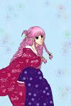 1girl alternate_costume braid dress japanese_clothes kimono long_hair one_piece perona pink_hair print_dress sitting solo 
