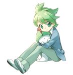  10s 1boy akr_et green_eyes green_hair hug looking_at_viewer mitsuru_(pokemon) pokemon pokemon_(game) pokemon_oras ralts simple_background sitting smile solo 