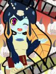  2girls apron beruzumi-m blue_eyes blue_skin female film_reel fish_girl menu minette_(skullgirls) monster_girl ms._fortune_(skullgirls) multiple_girls open_mouth pink_eyes scar shell skullgirls snile waitress yellow_sclera 