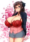  1girl blue_eyes bra breasts brown_hair dominic_tomatto female glasses hair_ornament hair_ribbon highres huge_breasts jacket long_hair long_ponytail miniskirt open_clothes open_shirt original plump ponytail red_bra ribbon shirt skirt solo standing underwear 