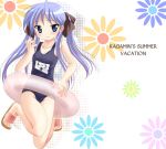  1girl bare_shoulders blue_eyes blue_hair blush breasts cleavage collarbone embarrassed female flower full_body hair_ribbon hard_translated hiiragi_kagami innertube kneeling knees_touching long_hair lucky_star mound_of_venus namamo_nanase one-piece_swimsuit purple_hair ribbon sandals school_swimsuit small_breasts solo sweat swimsuit translated tsurime twintails 