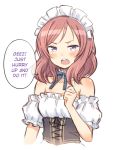  1girl bangs bare_shoulders blush corset detached_collar detached_sleeves hard_translated kuinji_51go looking_at_viewer love_live!_school_idol_project maid maid_headdress neck_ribbon nishikino_maki open_mouth parted_bangs redhead ribbon short_hair solo speech_bubble strapless translated upper_body violet_eyes white_background 