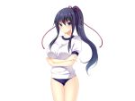  1girl ayase_hazuki blue_eyes blush breasts buruma character_request crossed_arms game_cg grand_cru_bourgeois gym_uniform large_breasts legs long_hair looking_at_viewer nukidoki! ponytail purple_hair simple_background solo standing thighs 