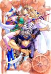  1boy 1girl blonde_hair blue_eyes brown_eyes cape celes_chere final_fantasy final_fantasy_vi grey_hair knife lock_cole long_hair looking_at_viewer smile sword thigh-highs weapon white_legwear yokuarumyoujis 