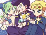  1girl 2boys blonde_hair blue_eyes chibi double_bun food giorno_giovanna green_hair higashikata_jousuke ice_cream jojo_no_kimyou_na_bouken kuujou_jolyne long_hair multiple_boys open_mouth pompadour short_hair smile two-tone_hair 