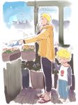  ahoge blonde_hair closed_eyes enda_chisya father_and_son gardening hood hoodie naruto pajamas plant shirt_tug spiky_hair uzumaki_boruto uzumaki_naruto watering_can whiskers yawning 