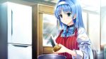  1girl apron blue_eyes blue_hair blush bow bowtie breasts cooking food game_cg hairband happy highres kimishima_ao kitchen knife large_breasts long_hair looking_down mitsu_king ninomiya_mikoto otome_ga_kanaderu_koi_no_aria potato school_uniform smile solo standing sunlight zinno 