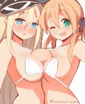  2girls 9law anchor_hair_ornament between_breasts bikini bikini_top bismarck_(kantai_collection) blonde_hair blue_eyes blush breasts green_eyes hair_ornament hat kantai_collection large_breasts long_hair looking_at_viewer multiple_girls one_eye_closed open_mouth peaked_cap prinz_eugen_(kantai_collection) swimsuit twintails twitter_username white_bikini white_swimsuit 