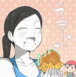  1boy 1girl agemono baseball_cap black_hair blue_eyes blush breasts cleavage closed_eyes eating food food_on_face hamburger hat heart holding looking_at_another mother_(game) mother_2 ness nintendo open_mouth ponytail short_hair smile standing super_smash_bros. translation_request white_skin wii_fit wii_fit_trainer 