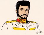  1boy artist_request black_hair brown_eyes facial_hair gundam gundam_msv male_focus military military_uniform shin_matsunaga simple_background solo uniform 