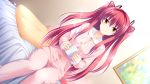  1girl bed blush brown_eyes cup game_cg hair_ribbon highres kimishima_ao legs long_hair looking_at_viewer mitsu_king otome_ga_kanaderu_koi_no_aria pajamas picture_(object) pillow redhead ribbon sitting smile solo thighs twintails zinno 