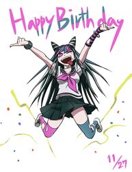  1girl azinori123 birthday black_hair blue_hair blush breasts dangan_ronpa hair_ornament happy_birthday jumping long_hair long_tongue looking_at_viewer mioda_ibuki mismatched_legwear multicolored_hair open_mouth panties pantyshot piercing pink_eyes pink_hair pleated_skirt red_panties scar school_uniform serafuku skirt smile solo super_dangan_ronpa_2 thigh-highs tongue tongue_out torn_clothes torn_thighhighs underwear wink 