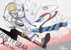  1boy arc_system_works blonde_hair blue_eyes cross eyepatch flag gloves guilty_gear guilty_gear_xrd muscle sack shoes sin_kiske 