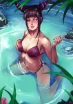  1girl bare_shoulders barefoot beckoning bikini black_hair breast_grab breasts cleavage double_bun drill_hair glowing glowing_eye glowing_eyes grabbing hair_ornament han_juri kachima kneeling licking_lips lips looking_at_viewer naughty_face navel parted_lips partially_submerged pool purple_bikini rock self_fondle short_hair short_twintails solo spider_web_print spiky_hair street_fighter street_fighter_iv street_fighter_iv_(series) super_street_fighter_iv swimsuit tongue tongue_out twin_drills twintails violet_eyes water 