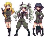  3girls ammunition anchovy belt blonde_hair blue_hair boots brown_eyes carpaccio drill_hair female full_body girls_und_panzer goggles goggles_on_hat green_eyes green_hair hat helmet jacket long_hair long_sleeves looking_at_viewer lowres military military_uniform multiple_girls open_mouth pants pepperoni_(girls_und_panzer) pixel_art ribbon riding_crop sai_koro shirt short_hair skirt smile standing tank_shell transparent_background twin_drills twintails uniform violet_eyes wink 