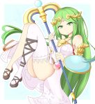  1girl artist_request ass bare_shoulders breasts dress goddess green_eyes green_hair highres jewelry kid_icarus legs long_hair looking_at_viewer necklace nintendo palutena scepter shield side_slit sitting smile solo strapless_dress thigh-highs very_long_hair white_dress white_legwear 