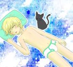  1boy ahoge blonde_hair blush briefs bulge cat child chocoman2003 closed_eyes highres lying male_focus navel nipples on_back open_mouth original pillow short_hair simple_background sleeping solo topless underwear 