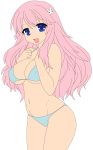  1girl absurdres baka_to_test_to_shoukanjuu bangs bare_midriff bikini blue_eyes breasts cleavage erect_nipples hair_ornament hairclip highres himeji_mizuki large_breasts legs long_hair looking_at_viewer mound_of_venus navel open_mouth photoshop pink_hair simple_background smile solo standing swimsuit thighs tongue transparent_background vector_trace 