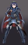  1girl armor belt black_gloves blue_eyes blue_hair cape closed_mouth female fingerless_gloves fire_emblem gloves grey_background long_hair long_sleeves looking_at_viewer lucina shijima_(tanfn) simple_background smile solo sword weapon 