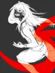  1girl bare_back black_background black_sclera eyepatch genderswap kaneki_ken long_hair looking_back mask monochrome monster_girl simple_background sketch solo spot_color tentacle tokyo_ghoul 