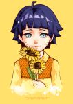  1girl blue_eyes blue_hair character_name flower highres looking_at_viewer mai-kuu naruto naruto:_the_last solo uzumaki_himawari watermark web_address 