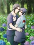  2boys brothers flower forest hydrangea male_focus multiple_boys mutsumix naruto nature outdoors siblings standing tree uchiha_itachi uchiha_sasuke yaoi 