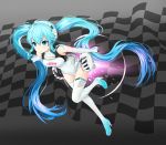  1girl ahoge aqua_eyes aqua_hair bare_shoulders bodysuit breasts cleavage cleavage_cutout closed_mouth drogoth expressionless female gloves gradient_hair hatsune_miku headphones high_heels leg_up long_hair multicolored_hair racing_miku solo straight_hair thigh-highs twintails very_long_hair vocaloid 