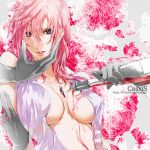 1girl alcohol asymmetrical_hair blue_eyes bottle breasts cleavage dress erect_nipples final_fantasy final_fantasy_xiii jewelry lightning_farron long_hair necklace open_clothes parted_lips pink_hair rioko wine 