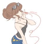  10s 1girl bare_shoulders beauty_(pokemon) breasts brown_hair cleavage female glasses glasses_on_head looking_at_viewer npc_trainer pixiv_manga_sample pokemon pokemon_(game) pokemon_xy red_string solo string 