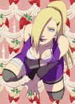  1girl artist_request bandage blonde_hair blue_eyes breasts cleavage earrings female food from_above fruit hair_ornament hair_over_one_eye jewelry long_hair naruto ninja ponytail skirt solo strawberry tongue tongue_out yamanaka_ino 
