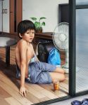  1boy bag black_hair child door drinking_glass fan floor indoors japanese male_focus navel original plant realistic school_bag short_hair shorts sitting solo summer sweat table to1989 topless 