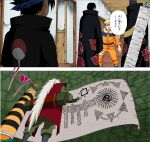  5boys akatsuki_(naruto) bandage black_hair blonde_hair blue_eyes blue_hair crest door facial_mark family_crest fishnets forehead_protector from_behind from_below gerotora headband hoshigaki_kisame jiraiya kishimoto_masashi konohagakure_symbol long_hair male_focus multiple_boys naruto ninja official_art samehada_(sword) scroll spiky_hair sword toad_(animal) translated uchiha_itachi uchiha_sasuke uzumaki_naruto weapon whiskers white_hair 