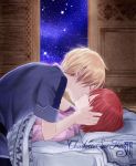  1boy 1girl akagami_no_shirayukihime bed blonde_hair closed_eyes couple kiss lying on_back prince redhead shirayuki_(akagami_no_shirayukihime) snow window zen_wistalia 