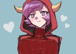  10s 1girl blue_background blush breasts chuugaeri female heart hood horns kagari_(pokemon) kagari_(pokemon)_(remake) large_breasts nintendo open_mouth pokemon pokemon_(game) pokemon_oras purple_hair short_hair simple_background solo sweater team_magma turtleneck violet_eyes 