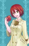  1girl akagami_no_shirayukihime apple double-breasted food fruit green_eyes labcoat pharmacist red_apple redhead shirayuki_(akagami_no_shirayukihime) short_hair solo uniform 