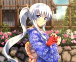  1girl alternate_costume alternate_hairstyle blush commentary_request hair_ornament hair_stick highres japanese_clothes kamishirasawa_keine kezune_(i-_-i) kimono long_hair long_sleeves looking_at_viewer ponytail silver_hair solo touhou very_long_hair 