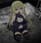  1girl bent_knees blonde_hair boots breasts choker cleavage elbow_gloves fishnet_legwear fishnets gloves hands_on_own_face indoors lieselotte_sherlock long_hair looking_up midriff navel open_mouth screencap shorts sitting sitting_on_floor tears thigh-highs thigh_boots trinity_seven twintails violet_eyes 