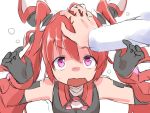  1girl elbow_gloves embarrassed flat_chest genderswap gloves hair_ornament hand_on_head long_hair mitsuka_souji ore_twintail_ni_narimasu petting pink_eyes redhead sekiraame solo sweatdrop tailred twintails very_long_hair white_background 