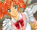  1girl doukoku_soshite game_cg hatori_itsumi looking_at_viewer redhead ribbon solo twintails waitress yokota_mamoru 